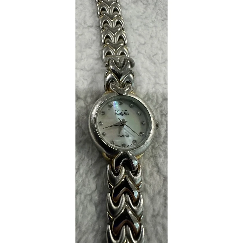Womens Pearl Dial Vanity Fair VFW535 Quartz Silver Tone Band W/Gold Accent Watch